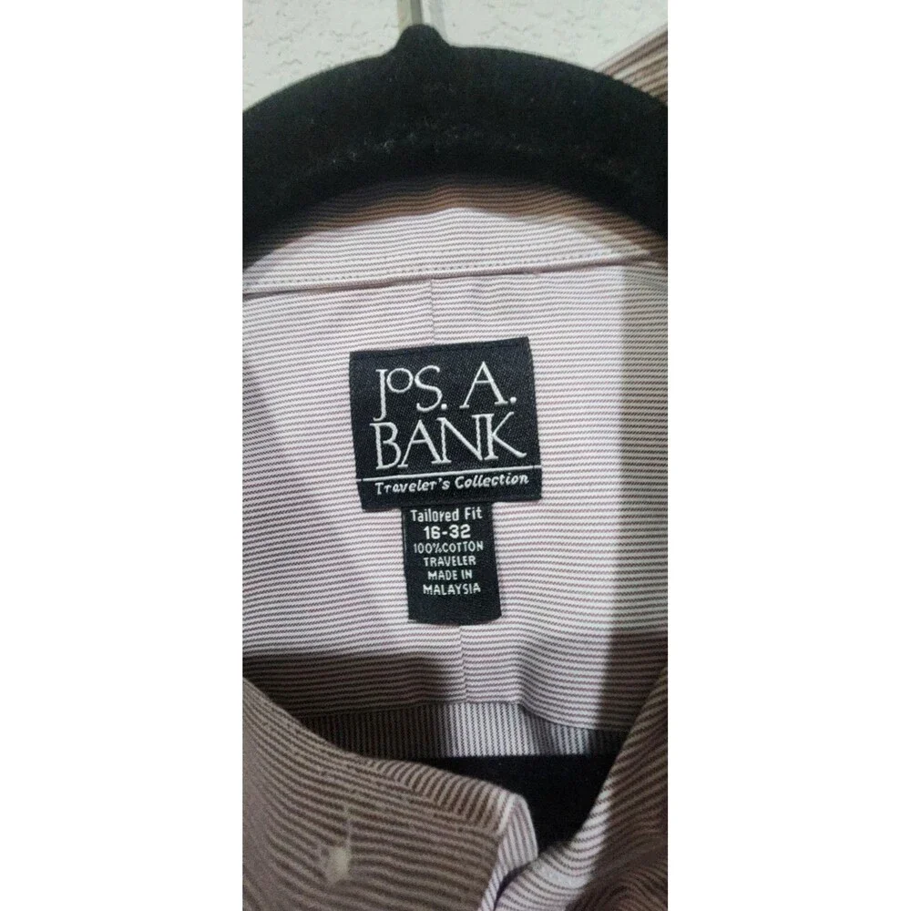 Jos. A. Bank Mens Dress Shirt White Brown Stripe Long Sleeve Pocket Size 16-32